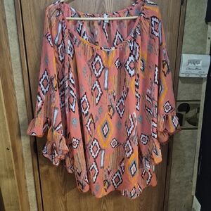 R. Rouge Women’s Coral Printed Ruffle Sleeve Blouse.    Box 37